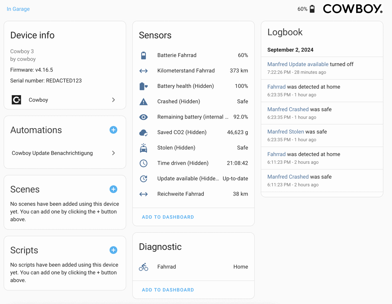 The Cowboy device page in Home Assistant, showing device info, a sensor list with battery, mileage, battery health and range, a diagnostic device tracker, and a logbook of recent state changes.